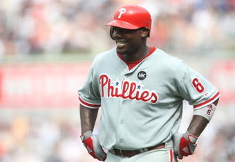 NEW YORK - MAY 24:  Ryan Howard #6 of the Philadelphia Phillies laughs after hitting a single on a checked swing against the New York Yankees on May 24, 2009 at Yankee Stadium in the Bronx borough of New York City.  (Photo by Nick Laham/Getty Images)