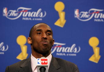 LOS ANGELES, CA - JUNE 07:  Kobe Bryant #24 of the Los Angeles Lakers answers questions during the post game news conference after defeating the Orlando Magic 101-96 in Game Two of the 2009 NBA Finals at Staples Center on June 7, 2009 in Los Angeles, California. NOTE TO USER: User expressly acknowledges and agrees that, by downloading and or using this photograph, User is consenting to the terms and conditions of the Getty Images License Agreement.  (Photo by Jeff Golden/Getty Images)