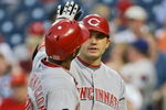 PHILADELPHIA - JUNE 02:  Edwin Encarnacion #28 of the Cincinnati Reds gets congratulated by teammate Joey Votto #19 after hitting a home-run during the game against the Philadelphia Phillies on June 2, 2008 at Citizens Bank Park in Philadelphia, Pennsylvania.  (Photo by Drew Hallowell/Getty Images)