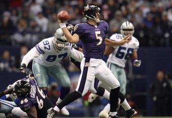 IRVING, TX - DECEMBER 20:  Quarterback Joe Flacco #5 of the Baltimore Ravens goes into his passing motion during their NFL game against the Dallas Cowboys at Texas Stadium on December 20, 2008 in Irving, Texas. The Ravens defeated the Cowboys 33-24. (Photo by Ronald Martinez/Getty Images)