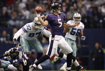 IRVING, TX - DECEMBER 20:  Quarterback Joe Flacco #5 of the Baltimore Ravens goes into his passing motion during their NFL game against the Dallas Cowboys at Texas Stadium on December 20, 2008 in Irving, Texas. The Ravens defeated the Cowboys 33-24. (Photo by Ronald Martinez/Getty Images)