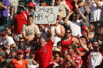 ANAHEIM, CA - MAY 14: An Angels fan holds up a sign reminding David Ortiz of the Boston Red Sox that he has no home runs for the year during the game with the Los Angeles Angels of Anaheim on May 14, 2009 at Angel Stadium in Anaheim, California.  The Angels won 5-4 in 12 innings.   (Photo by Stephen Dunn/Getty Images)