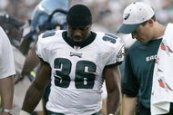 PHILADELPHIA - SEPTEMBER 21: Brian Westbrook #36 of the Philadelphia Eagles is escorted by a trainer as he leaves the field with an injury against the Pittsburgh Steelers during the first half on September 21, 2008 at Lincoln Financial Field in Philadelphia, Pennsylvania. (Photo by Chris Gardner/Getty Images)