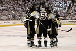 PITTSBURGH - JUNE 02:  Sergei Gonchar#55 of the Pittsburgh Penguins celebrates his third period goal with teammates Kris Letang #58, Evgeni Malkin #71 and Bill Guerin #13 during Game Three of the 2009 NHL Stanley Cup Finals on June 2, 2009 at Mellon Arena in Pittsburgh, Pennsylvania.  (Photo by Bruce Bennett/Getty Images)