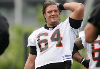 CINCINNATI - MAY 2:  Rookie lineman Kyle Cook #67 of the Cincinnati Bengals takes a break from drills during rookie mini camp May 2, 2008 next to Paul Brown Stadium in Cincinnnati, Ohio. (Photo by Mark Lyons/Getty Images)