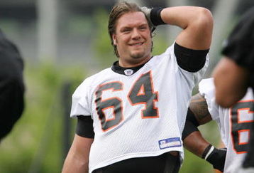 CINCINNATI - MAY 2:  Rookie lineman Kyle Cook #67 of the Cincinnati Bengals takes a break from drills during rookie mini camp May 2, 2008 next to Paul Brown Stadium in Cincinnnati, Ohio. (Photo by Mark Lyons/Getty Images)