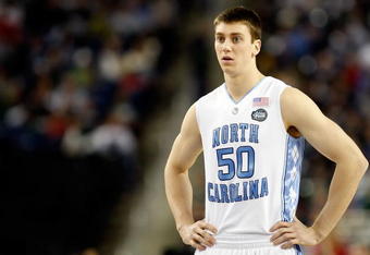 DETROIT - APRIL 04:  Tyler Hansbrough #50 of the North Carolina Tar Heels looks on while taking on the Villanova Wildcats during the National Semifinal game of the NCAA Division I Men's Basketball Championship at Ford Field on April 4, 2009 in Detroit, Michigan.  (Photo by Streeter Lecka/Getty Images)