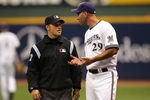 MILWAUKEE - OCTOBER 04:  Manager Dale Sveum #29 of the Milwaukee Brewers argues with umpire Mark Wegner #47 against the Philadelphia Phillies in Game three of the NLDS during the 2008 MLB playoffs at Miller Park on October 4, 2008 in Milwaukee, Wisconsin.  (Photo by Jim McIsaac/Getty Images)