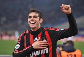 ROME, ITALY - FEBRUARY 01:  Kaka of AC Milan celebrates after scoring the 3:0 goal during the Serie A match between SS Lazio and AC Milan at the Stadio Olimpico on February 01, 2009 in Rome, Italy. (Photo by New Press/Getty Images)