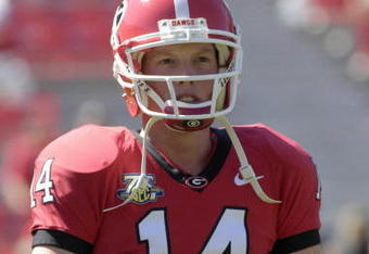ATHENS, GA - SEPTEMBER 29: Quarterback Joe Cox #14 of  the Georgia Bulldogs warms up before play against the Mississippi  Rebels at Sanford Stadium on September 29, 2007 in Athens, Georgia.  Georgia won 45 - 17. (Photo by Al Messerschmidt/Getty Images)