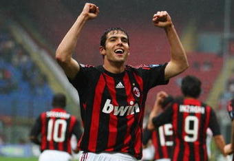 MILAN, ITALY - APRIL 26:  Kaka of Milan celebrates scoring his first goal during the Serie A match between AC Milan and US Citta di Palermo at the San Siro Stadium on April 26, 2009 in Milan, Italy.  (Photo by Michael Steele/Getty Images)