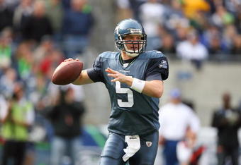 SEATTLE - OCTOBER 12:  Quarterback Charlie Frye #5 of the Seattle Seahawks looks to make a pass play during the game against the Green Bay Packers on October 12, 2008 at Qwest Field in Seattle, Washington. The Packers defeated the Seahawks 27-17. (Photo by Otto Greule Jr./Getty Images)