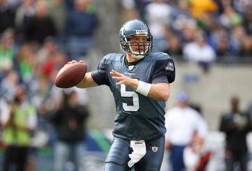 SEATTLE - OCTOBER 12:  Quarterback Charlie Frye #5 of the Seattle Seahawks looks to make a pass play during the game against the Green Bay Packers on October 12, 2008 at Qwest Field in Seattle, Washington. The Packers defeated the Seahawks 27-17. (Photo by Otto Greule Jr./Getty Images)