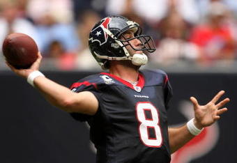 HOUSTON - DECEMBER 14:  Quarterback Matt Schaub #8 of the Houston Texans throws a pass against the Tennessee Titans on December 14, 2008 at Reliant Stadium in Houston, Texas.  (Photo by Stephen Dunn/Getty Images)