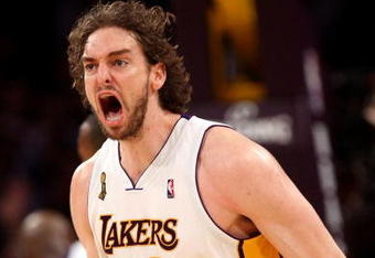 LOS ANGELES, CA - JUNE 07:  Pau Gasol #16 of the Los Angeles Lakers reacts in the fourth quarter against the Orlando Magic in Game Two of the 2009 NBA Finals at Staples Center on June 7, 2009 in Los Angeles, California. NOTE TO USER: User expressly acknowledges and agrees that, by downloading and or using this photograph, User is consenting to the terms and conditions of the Getty Images License Agreement.  (Photo by Stephen Dunn/Getty Images)