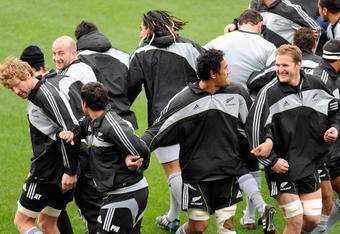 DUNEDIN, NEW ZEALAND - JUNE 09:  (L-R) Adam Thomson, Brendon Leonard,  Jerome Kaino and Keiran Read link arms during a New Zealand All Blacks training session at Carisbrook Stadium on June 9, 2009 in Dunedin, New Zealand.  (Photo by Ross Land/Getty Images)