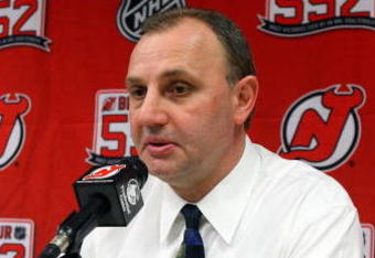 NEWARK, NJ - MARCH 17:  Head coach of the New Jersey Devils, Brent Sutter, talks during a press conference after defeating the Chicago Blackhawks 3-2 at the Prudential Center on March 17, 2009 in Newark, New Jersey.  (Photo by Jim McIsaac/Getty Images)