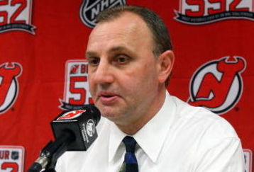NEWARK, NJ - MARCH 17:  Head coach of the New Jersey Devils, Brent Sutter, talks during a press conference after defeating the Chicago Blackhawks 3-2 at the Prudential Center on March 17, 2009 in Newark, New Jersey.  (Photo by Jim McIsaac/Getty Images)