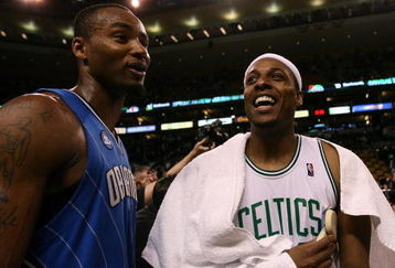 BOSTON - MAY 17:  Paul Pierce #34 of the Boston Celtics congratulates Rashard Lewis #9 of the Orlando Magic after the Magic won Game Seven of the Eastern Conference Semifinals during the 2009 NBA Playoffs at TD Banknorth Garden on May 17, 2009 in Boston, Massachusetts. The Orlando Magic defeated the Boston Celtics 101-82 to advance to the Eastern Conference Finals. NOTE TO USER: User expressly acknowledges and agrees that, by downloading and or using this photograph, User is consenting to the terms and conditions of the Getty Images License Agreement.  (Photo by Elsa/Getty Images)