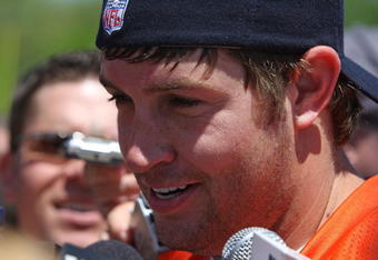 LAKE FOREST, IL - MAY 20: Jay Cutler #6 of the Chicago Bears meets with members of the media following an organized team activity (OTA) practice on May 20, 2009 at Halas Hall in Lake Forest, Illinois.  (Photo by Jonathan Daniel/Getty Images)
