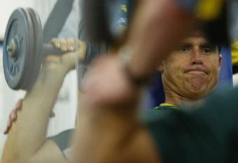 BRISBANE - AUGUST 22:  Matthew Hayden of Australia in the weights room during a training session for the Australian cricket team held today at the Brisbane Grammar School in Brisbane, Australia on August 22, 2002. (Photo by Jonathan Wood/Getty Images) 