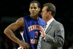 LOUISVILLE, TN - NOVEMBER 19:  Head coach Bret Campbell of the University of Tennessee at Martin Skyhawks talks to his teammate Jeremy Kelly during the game against the University of Louisville Cardinals at Freedom Hall on November 19, 2005 in Louisville, Kentucky.  Louisville won 78-61.  (Photo by Andy Lyons/Getty Images)