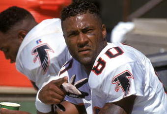 SAN FRANCISCO - SEPTEMBER 19:  Wide receiver Andre Rison #80 of the Atlanta Falcons takes a rest on the bench during a game against the San Francisco 49ers at Candlestick Park on September 19, 1993 in San Francisco, California.  The 49ers won 37-30.  (Photo by George Rose/Getty Images)