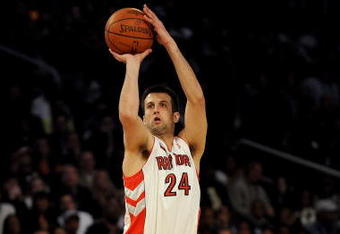 PHOENIX - FEBRUARY 14: Jason Kapono of the Toronto Raptors participates in the Foot Locker Three-Point Shootout on All-Star Saturday Night, part of 2009 NBA All-Star Weekend at US Airways Center on February 14, 2009 in Phoenix, Arizona.  NOTE TO USER: User expressly acknowledges and agrees that, by downloading and or using this photograph, User is consenting to the terms and conditions of the Getty Images License Agreement.  (Photo by Ronald Martinez/Getty Images)