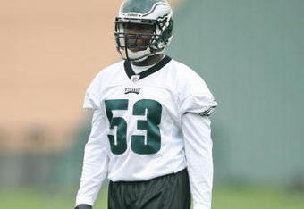 PHILADELPHIA - MAY 1: Linebacker Moise Fokou #53 of the Philadelphia Eagles practices during minicamp at the NovaCare Complex on May 1, 2009 in Philadelphia, Pennsylvania. (Photo by Hunter Martin/Getty Images)