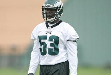 PHILADELPHIA - MAY 1: Linebacker Moise Fokou #53 of the Philadelphia Eagles practices during minicamp at the NovaCare Complex on May 1, 2009 in Philadelphia, Pennsylvania. (Photo by Hunter Martin/Getty Images)