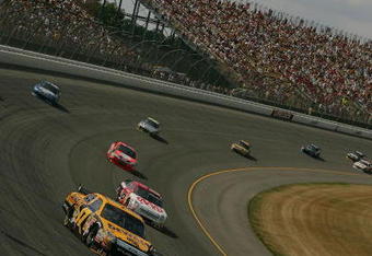 BROOKLYN, MI - AUGUST 17:  Brian Vickers, driver of the #83 Red Bull Toyota leads the field during the NASCAR Sprint Cup Series 3M Performance 400 at Michigan International Speedway on August 17, 2008 in Brooklyn, Michigan.  (Photo by Ronald Martinez/Getty Images)