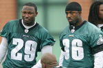 PHILADELPHIA - MAY 1: Running back Brian Westbrook #36 (R) stands on the sideline with second round draft pick running back LeSean McCoy #29 of the Philadelphia Eagles during minicamp at the NovaCare Complex on May 1, 2009 in Philadelphia, Pennsylvania. (Photo by Hunter Martin/Getty Images)