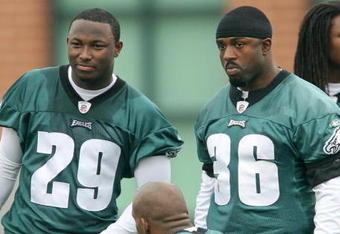 PHILADELPHIA - MAY 1: Running back Brian Westbrook #36 (R) stands on the sideline with second round draft pick running back LeSean McCoy #29 of the Philadelphia Eagles during minicamp at the NovaCare Complex on May 1, 2009 in Philadelphia, Pennsylvania. (Photo by Hunter Martin/Getty Images)
