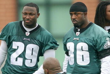 PHILADELPHIA - MAY 1: Running back Brian Westbrook #36 (R) stands on the sideline with second round draft pick running back LeSean McCoy #29 of the Philadelphia Eagles during minicamp at the NovaCare Complex on May 1, 2009 in Philadelphia, Pennsylvania. (Photo by Hunter Martin/Getty Images)
