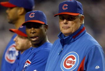 LOS ANGELES, CA - OCTOBER 04:  Manager Lou Piniella of the Chicago Cubs and Alfonso Soriano #12 look on during pregame introductions before taking on the Los Angeles Dodgers in Game Three of the NLDS during the 2008 MLB playoffs on October 4, 2008 at Dodger Stadium in Los Angeles, California. The Dodgers defeated the Cubs 3-1 to advance to the NLCS.  (Photo by Jeff Gross/Getty Images)