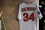 LOS ANGELES, CA - MAY 23:  The baseball jersey of deceased pitcher Nick Adenhart #34 of the Los Angeles Angels of Anaheim hangs in the Angels dugout during the baseball game against the Los Angeles Dodgers at Dodgers Stadium on May 23, 2009 in Los Angeles, California. Adenhart died in a traffic accident on April 9.  (Photo by Kevork Djansezian/Getty Images)