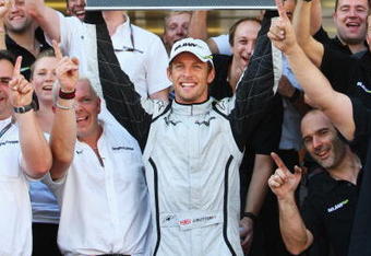 ISTANBUL, TURKEY - JUNE 07:  Jenson Button of Great Britain and Brawn GP celebrates with team mates in the paddock after winning the Turkish Formula One Grand Prix at Istanbul Park on June 7, 2009, in Istanbul, Turkey.  (Photo by Mark Thompson/Getty Images)