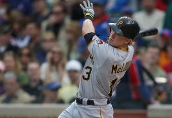 CHICAGO - MAY 27: Nate McLouth #13 of the Pittsburgh Pirates takes a swing against the Chicago Cubs on May 27, 2009 at Wrigley Field in Chicago, Illinois. The Cubs defeated the Pirates 5-2. (Photo by Jonathan Daniel/Getty Images)