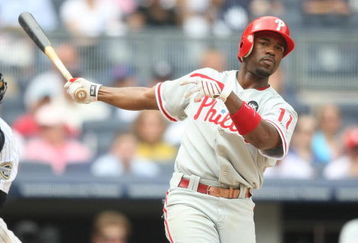 NEW YORK - MAY 24:  Jimmy Rollins #11 of the Philadelphia Phillies at bat against the New York Yankees on May 24, 2009 at Yankee Stadium in the Bronx borough of New York City.  (Photo by Nick Laham/Getty Images)