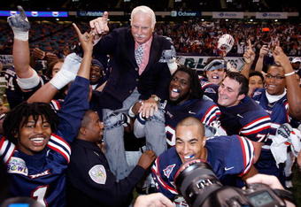 NEW ORLEANS - DECEMBER 21:  Head coach Howard Schnellenberger of the Florida Atlantic University Owls is carried on his team's shoulders after defeating the Memphis University Tigers 44-27 in the New Orleans Bowl on December 21, 2007 at the Louisiana Superdome in New Orleans, Louisiana.  (Photo by Chris Graythen/Getty Images)