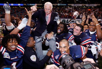 NEW ORLEANS - DECEMBER 21:  Head coach Howard Schnellenberger of the Florida Atlantic University Owls is carried on his team's shoulders after defeating the Memphis University Tigers 44-27 in the New Orleans Bowl on December 21, 2007 at the Louisiana Superdome in New Orleans, Louisiana.  (Photo by Chris Graythen/Getty Images)