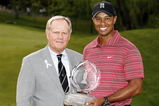 DUBLIN, OH - JUNE 07: Jack Nicklaus presents Tiger Woods with the trophy after his one-stroke victory at the Memorial Tournament at the Muirfield Village Golf Club on June 7, 2009 in Dublin, Ohio. (Photo by Scott Halleran/Getty Images)