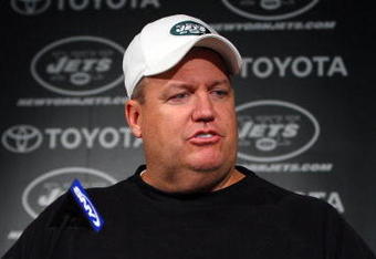 FLORHAM PARK, NJ - MAY 02:  Head coach Rex Ryan of the New York Jets speaks to the media during minicamp on May 2, 2009 at the Atlantic Health Jets Training Center in Florham Park, New Jersey.  (Photo by Jim McIsaac/Getty Images)