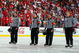 DETROIT - MAY 31: (L-R) Linesman Steve Miller, referees Marc Joannette and Bill McCreary, and linesman Jean Morin line up for the national anthem prior to the Pittsburgh Penguins playing the Detroit Red Wings during Game Two of the 2009 Stanley Cup Finals at Joe Louis Arena on May 31, 2009 in Detroit, Michigan. (Photo by Jim McIsaac/Getty Images)