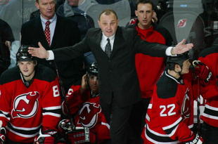NEWARK, NJ - FEBRUARY 23:  Head coach Brent Sutter of the New Jersey Devils argues a call in his game against the New York Islanders at the Prudential Center February 23, 2008 in Newark, New Jersey. The Devils defeated the Islanders 4-2.  (Photo by Bruce Bennett/Getty Images)