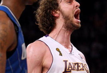LOS ANGELES, CA - JUNE 07:  Pau Gasol #16 of the Los Angeles Lakers reacts in overtime against the Orlando Magic in Game Two of the 2009 NBA Finals at Staples Center on June 7, 2009 in Los Angeles, California. NOTE TO USER: User expressly acknowledges and agrees that, by downloading and or using this photograph, User is consenting to the terms and conditions of the Getty Images License Agreement.  (Photo by Jed Jacobsohn/Getty Images)
