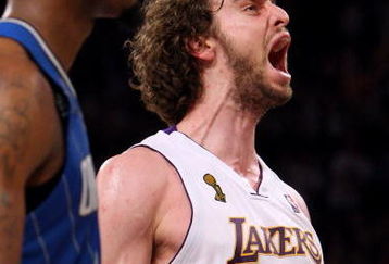 LOS ANGELES, CA - JUNE 07:  Pau Gasol #16 of the Los Angeles Lakers reacts in overtime against the Orlando Magic in Game Two of the 2009 NBA Finals at Staples Center on June 7, 2009 in Los Angeles, California. NOTE TO USER: User expressly acknowledges and agrees that, by downloading and or using this photograph, User is consenting to the terms and conditions of the Getty Images License Agreement.  (Photo by Jed Jacobsohn/Getty Images)