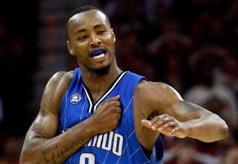 CLEVELAND - MAY 20:  Rashard Lewis #9 of the Orlando Magic celebrates after hitting a shot late in the game giving the Magic the lead against the Cleveland Cavaliers in Game One of the Eastern Conference Finals during the 2009 Playoffs at Quicken Loans Arena on May 20, 2009 in Cleveland, Ohio. NOTE TO USER: User expressly acknowledges and agrees that, by downloading and or using this photograph, User is consenting to the terms and conditions of the Getty Images License Agreement  (Photo by Gregory Shamus/Getty Images)