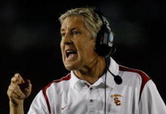 PASADENA, CA - JANUARY 01:  Head coach Pete Carroll of the USC Trojans points during the second half against the Penn State Nittany Lions during the 95th Rose Bowl Game presented by Citi on January 1, 2009 at the Rose Bowl in Pasadena, California.  (Photo by Harry How/Getty Images)