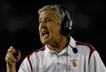 PASADENA, CA - JANUARY 01:  Head coach Pete Carroll of the USC Trojans points during the second half against the Penn State Nittany Lions during the 95th Rose Bowl Game presented by Citi on January 1, 2009 at the Rose Bowl in Pasadena, California.  (Photo by Harry How/Getty Images)